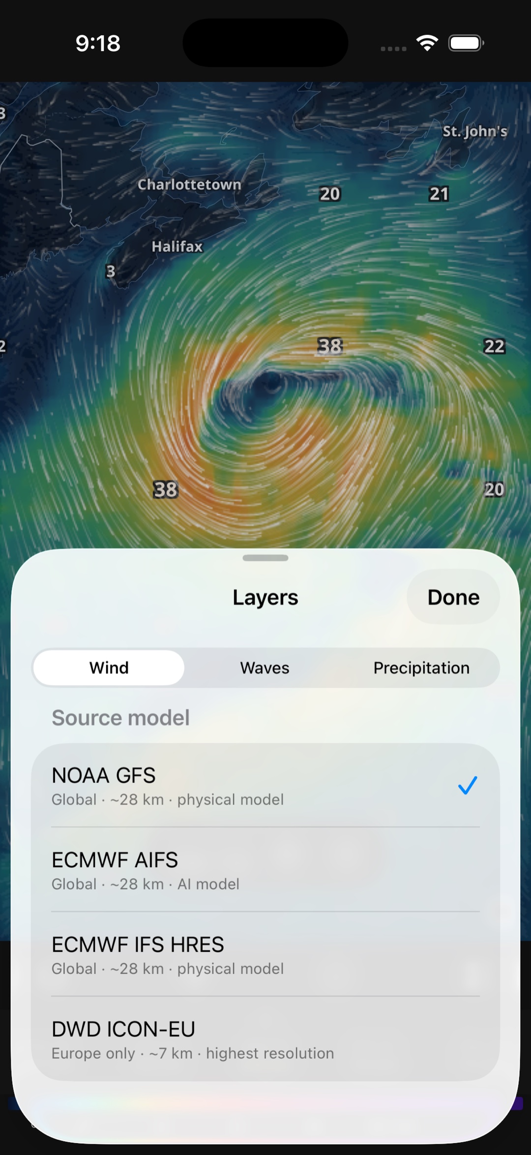 WindTrac Layers sheet — choosing the wind source model: NOAA GFS, ECMWF AIFS, ECMWF IFS HRES, or DWD ICON-EU