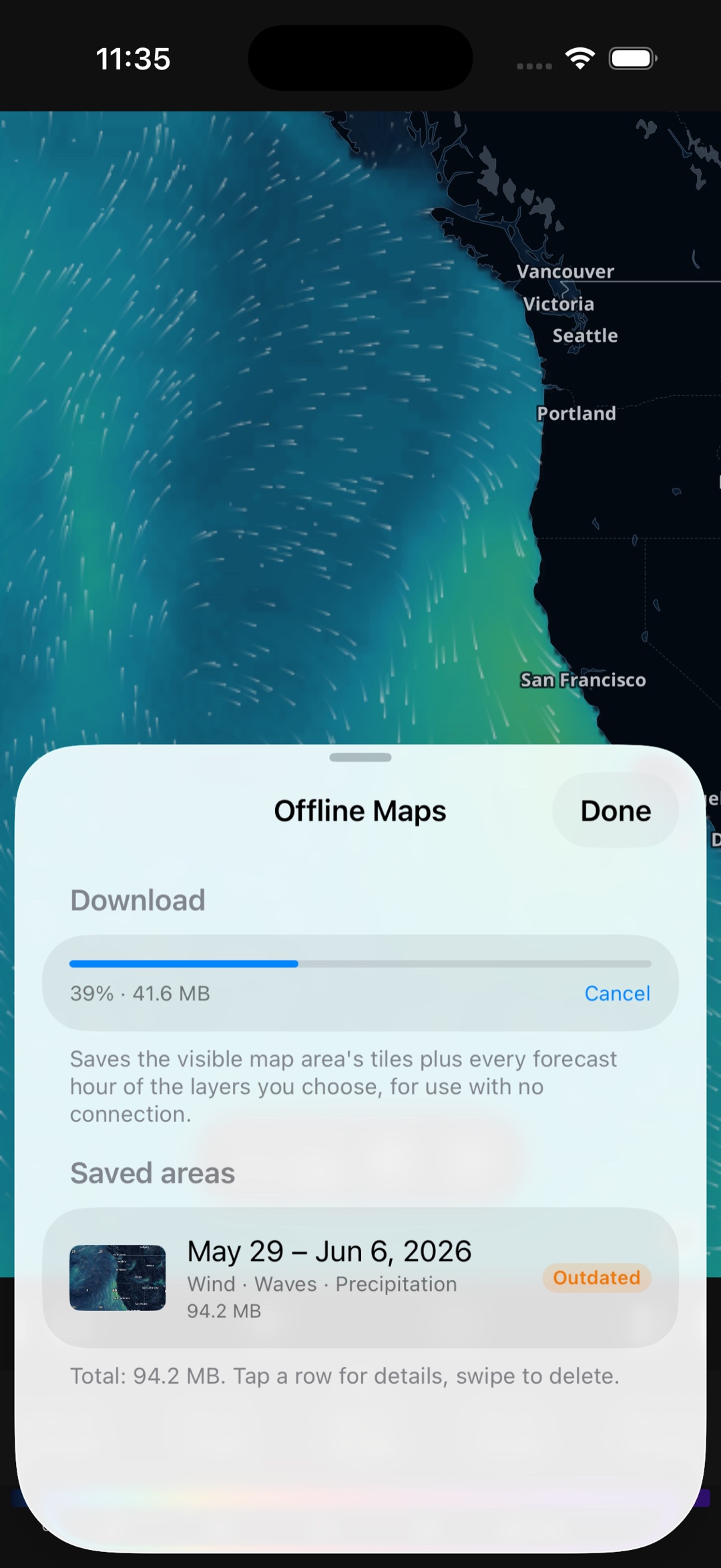WindTrac Offline Maps sheet — a region downloading at 39% (41.6 MB), with a saved Pacific Northwest area covering wind, waves, and precipitation for use with no connection