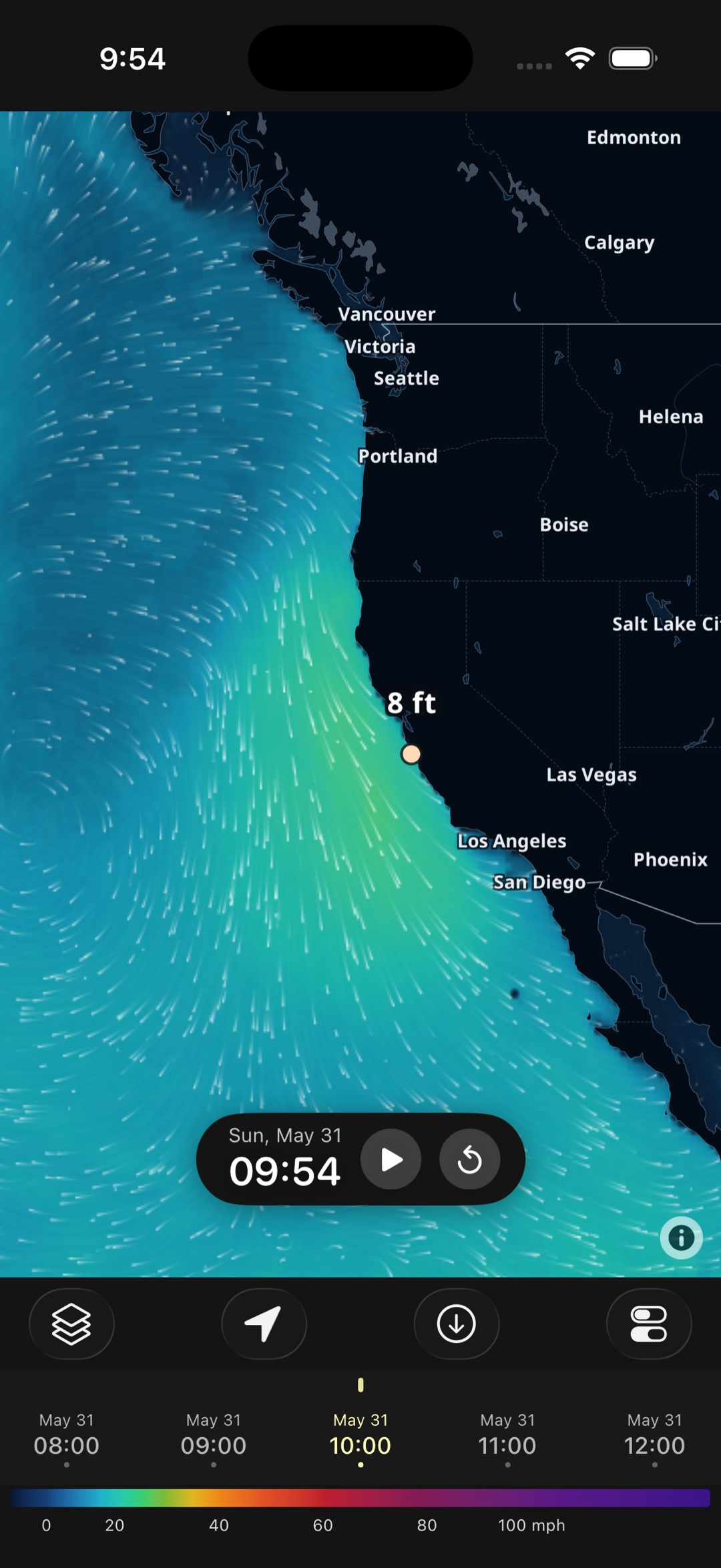 WindTrac waves layer over the U.S. West Coast — significant wave height as a color heatmap with an 8 ft reading tapped offshore