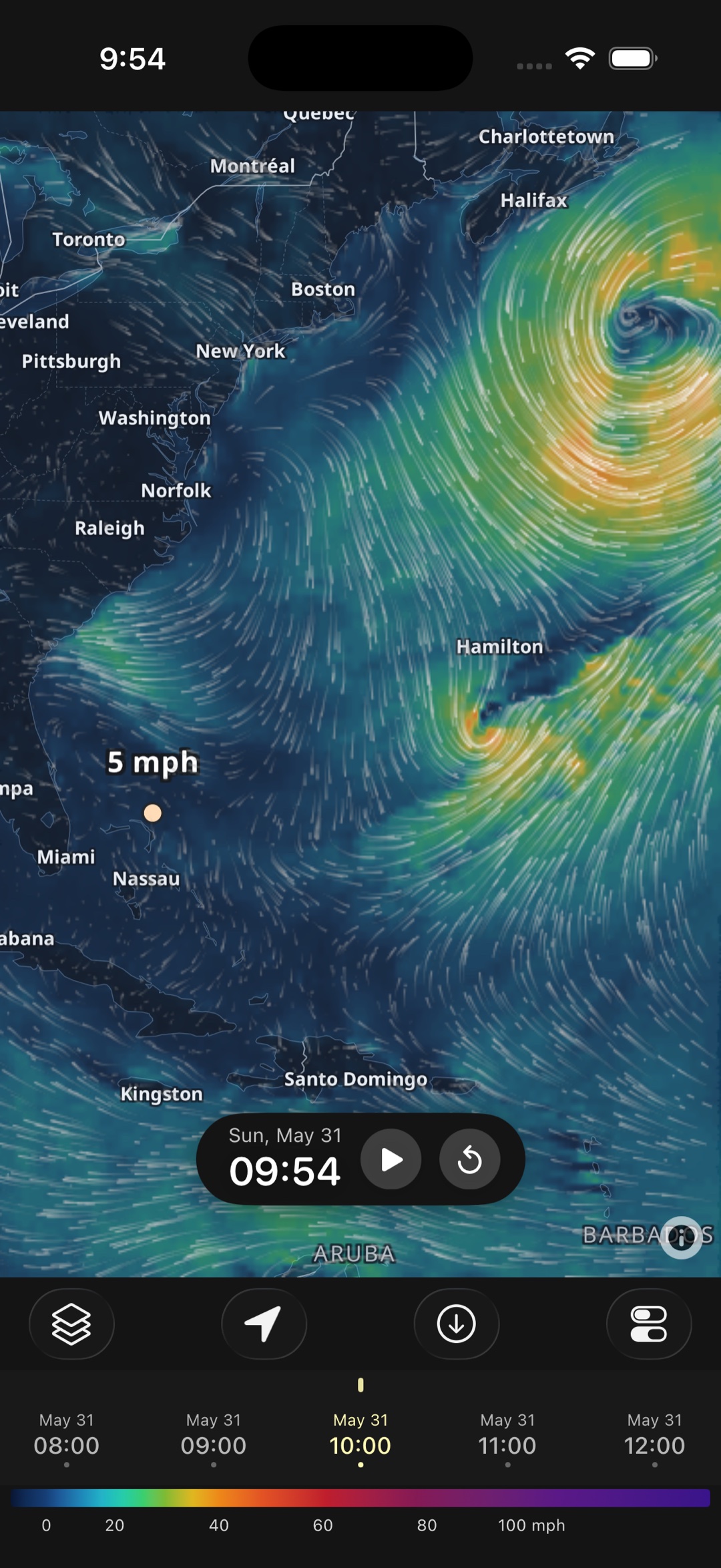 WindTrac forecast map: wind streamlines and a color speed heatmap over the U.S. East Coast and the Atlantic, with the timeline scrubber at the bottom